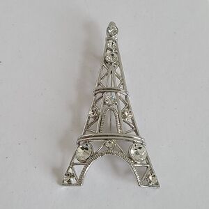 Vintage Silver Tone Cut Out Rhinestone Crystal Paris Eiffel Tower Brooch Pin